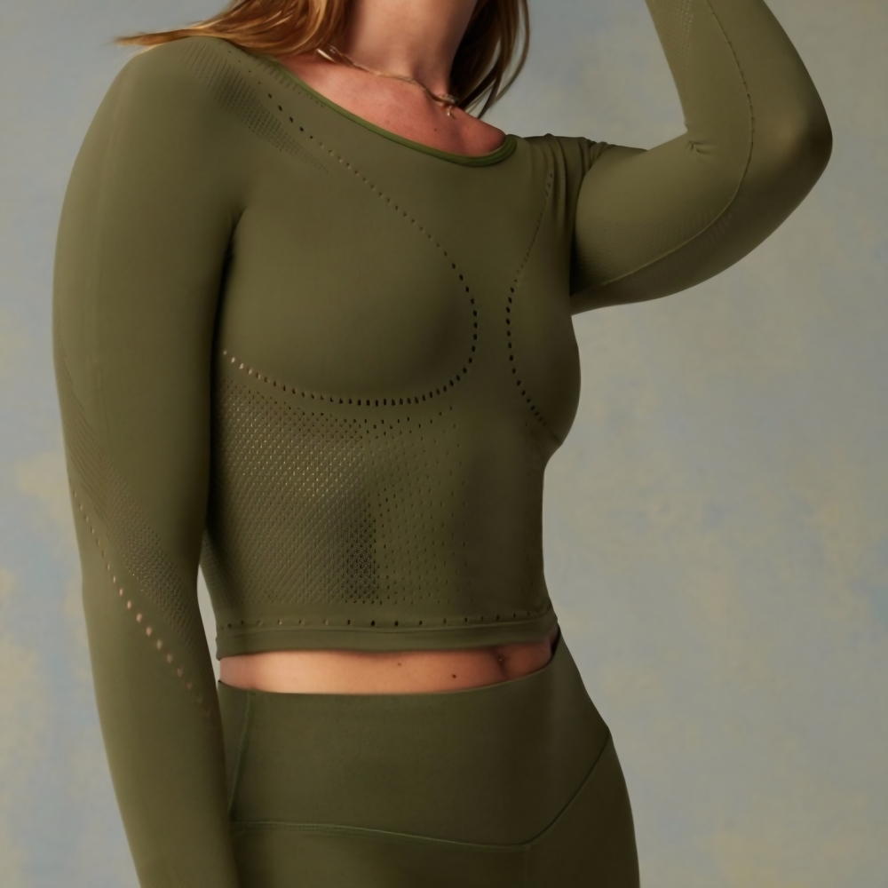 Fabletics Olive Green Long-Sleeve Seamless Crop Top